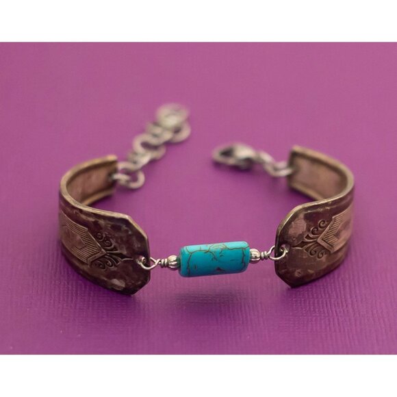 Vintage Mid Century Turquoise Silver Tone Bracelet 7 Inches - Q2 - Picture 2 of 4